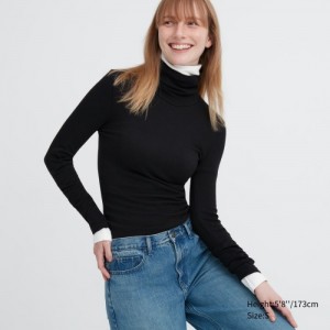 Women Uniqlo HEATTECH Extra Warm Seamless Ribbed Turtleneck Long-Sleeve T Shirts Black | 2250452