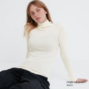 Women Uniqlo HEATTECH Extra Warm Seamless Ribbed Turtleneck Long-Sleeve T Shirts White | 4265098