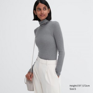 Women Uniqlo HEATTECH Extra Warm Seamless Ribbed Turtleneck Long-Sleeve T Shirts Grey | 8221963