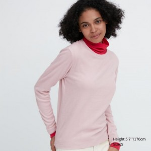 Women Uniqlo HEATTECH Fleece Crew Neck Long-Sleeve T Shirts Pink | 7381280