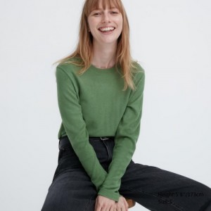 Women Uniqlo HEATTECH Fleece Crew Neck Long-Sleeve T Shirts Green | 1621489