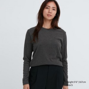 Women Uniqlo HEATTECH Fleece Crew Neck Long-Sleeve T Shirts Grey | 6190919