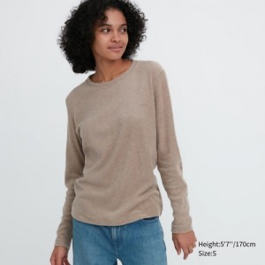 Women Uniqlo HEATTECH Fleece Crew Neck Long-Sleeve T Shirts Beige | 3023118