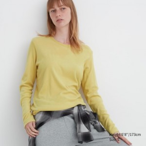 Women Uniqlo HEATTECH Fleece Crew Neck Long-Sleeve T Shirts Yellow | 6057578