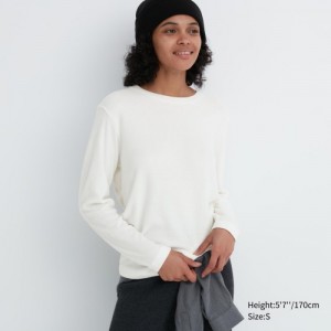 Women Uniqlo HEATTECH Fleece Crew Neck Long-Sleeve T Shirts White | 4868664