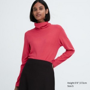 Women Uniqlo HEATTECH Fleece Turtleneck Long-Sleeve T Shirts Red | 2913256