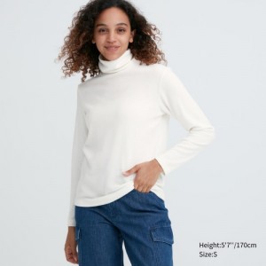Women Uniqlo HEATTECH Fleece Turtleneck Long-Sleeve T Shirts White | 2656902