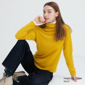 Women Uniqlo HEATTECH Fleece Turtleneck Long-Sleeve T Shirts Yellow | 4179004
