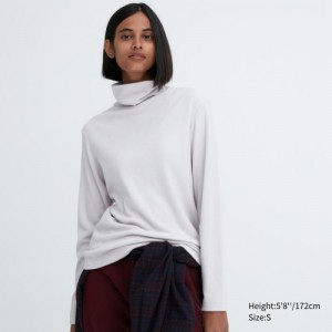 Women Uniqlo HEATTECH Fleece Turtleneck Long-Sleeve T Shirts White | 9844747