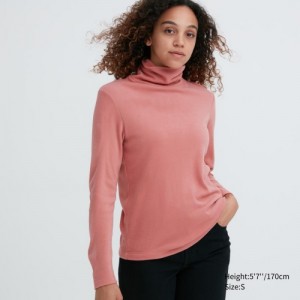 Women Uniqlo HEATTECH Fleece Turtleneck Long-Sleeve T Shirts Pink | 9187914