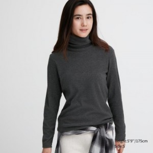 Women Uniqlo HEATTECH Fleece Turtleneck Long-Sleeve T Shirts Grey | 3654321