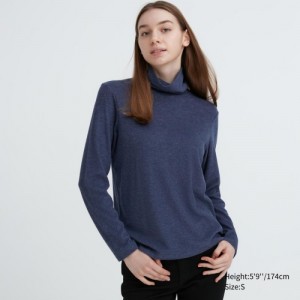 Women Uniqlo HEATTECH Fleece Turtleneck Long-Sleeve T Shirts Blue | 8247875