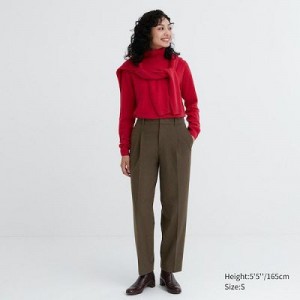 Women Uniqlo HEATTECH Pleated Tapered Pants Olive | 7685622