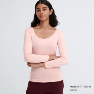 Women Uniqlo HEATTECH Scoop Neck Long-Sleeve T Shirts Pink | 65477
