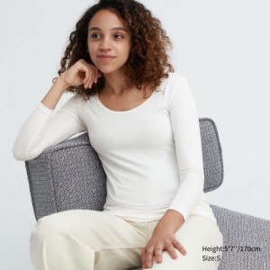 Women Uniqlo HEATTECH Scoop Neck Long-Sleeve T Shirts White | 568951