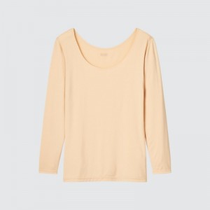 Women Uniqlo HEATTECH Scoop Neck Long-Sleeve T Shirts Beige | 6544097