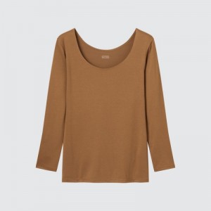 Women Uniqlo HEATTECH Scoop Neck Long-Sleeve T Shirts Brown | 7918923