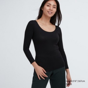 Women Uniqlo HEATTECH Scoop Neck Long-Sleeve T Shirts Black | 4714756