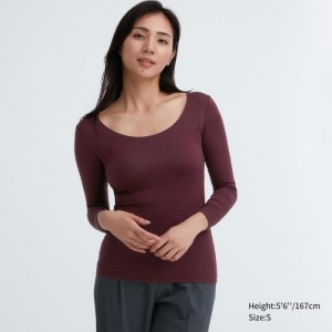 Women Uniqlo HEATTECH Scoop Neck Long-Sleeve T Shirts Burgundy | 191688