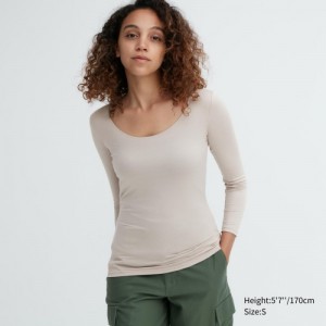 Women Uniqlo HEATTECH Scoop Neck Long-Sleeve T Shirts Grey | 6666247