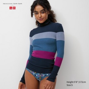 Women Uniqlo HEATTECH Seamless Ribbed Extra Warm T Shirts Navy | 8176085