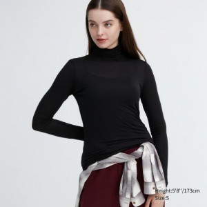 Women Uniqlo HEATTECH Ultra Light Turtleneck Long-Sleeve T Shirts Black | 4541707