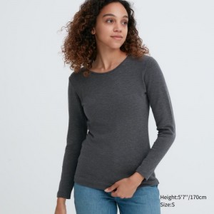 Women Uniqlo HEATTECH Ultra Warm Crew Neck Long-Sleeve T Shirts Grey | 592095
