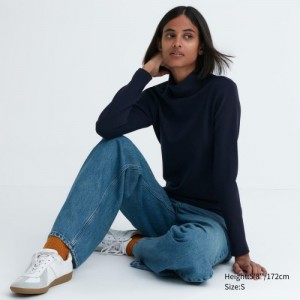 Women Uniqlo HEATTECH Ultra Warm High Neck T Shirts Navy | 915483