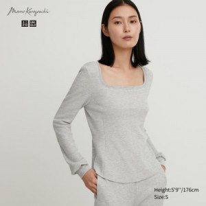 Women Uniqlo HEATTECH Waffle Square Neck Long-Sleeve T Shirts Grey | 7987615