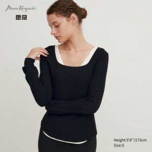 Women Uniqlo HEATTECH Waffle Square Neck Long-Sleeve T Shirts Black | 8953255