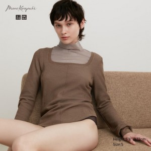 Women Uniqlo HEATTECH Waffle Square Neck Long-Sleeve T Shirts Brown | 588889