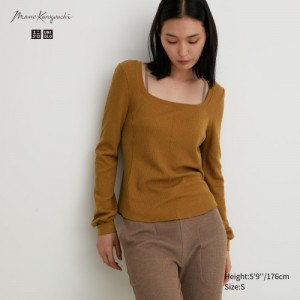 Women Uniqlo HEATTECH Waffle Square Neck Long-Sleeve T Shirts Brown | 5475003