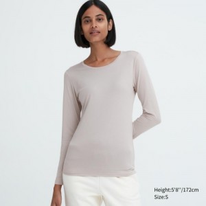 Women Uniqlo Heattech Crew Neck Long-sleeve T Shirts Grey | 7947715