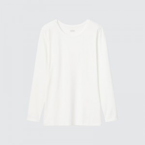 Women Uniqlo Heattech Crew Neck Long-sleeve T Shirts White | 5697105
