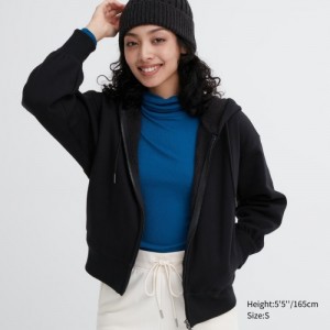 Women Uniqlo Heattech Pile Lined Sweat Full-zip Hoodie Black | 5924814