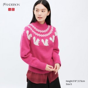 Women Uniqlo Jacquard Crew Neck Long-Sleeve Sweaters Pink | 4730749