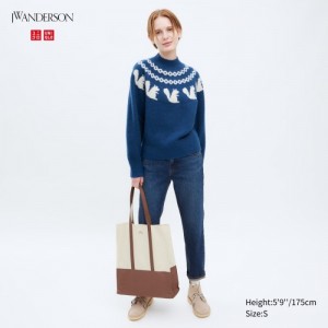 Women Uniqlo Jacquard Crew Neck Long-Sleeve Sweaters Blue | 6532986