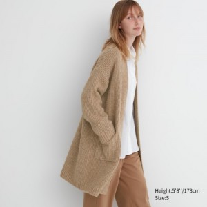 Women Uniqlo Knitted Long Cardigan Beige | 7971423