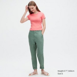 Women Uniqlo Linen Cotton Tapered Pants Green | 7339707