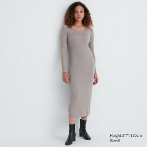Women Uniqlo Merino Blend Fitted U Neck Long Sleeve Dress Grey | 6954364