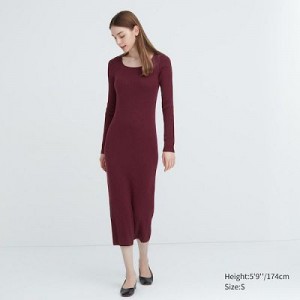 Women Uniqlo Merino Blend Fitted U Neck Long Sleeve Dress Burgundy | 3895077