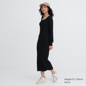 Women Uniqlo Merino Blend Fitted U Neck Long Sleeve Dress Black | 2642822