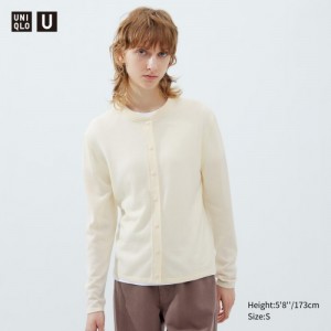 Women Uniqlo Merino Blend Long-Sleeve Crew Neck Cardigan White | 5027453