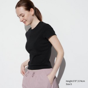 Women Uniqlo Mini Short Sleeve T Shirts Black | 9922844