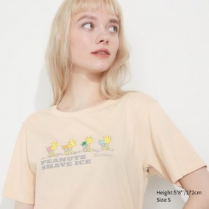 Women Uniqlo Peanuts Hawaii UT Short-Sleeve T Shirts Beige | 4304432
