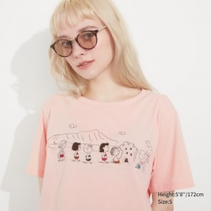 Women Uniqlo Peanuts Hawaii UT Short-Sleeve T Shirts Pink | 2157412