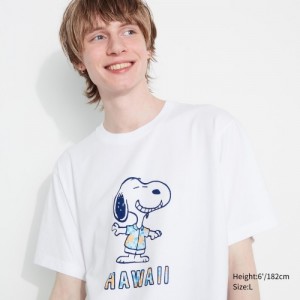 Women Uniqlo Peanuts Hawaii UT Short Sleeve T Shirts White | 2699426