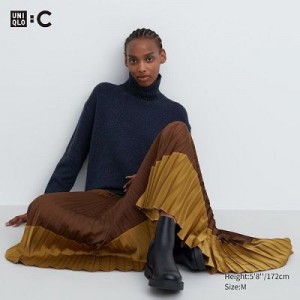 Women Uniqlo Pleated Color Block Skirts Brown | 9987115