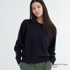 Women Uniqlo Premium Lambswool Crew Neck Long-sleeve Sweaters Navy | 3001497