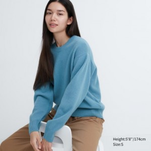 Women Uniqlo Premium Lambswool Crew Neck Long-sleeve Sweaters Blue | 1853003